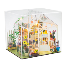 Tee-se-itse-puutarhamökin kirjanurkkaushyllyn sisäosa, miniatyyrirakennussarjat, puinen nukke, kukkahuone, kirjahylly A