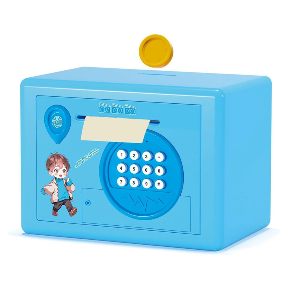 Tirelire pour enfants, coffre-fort à empreintes digitales, mot de passe, distributeur automatique de billets, cadeau d'anniversaire, bleu