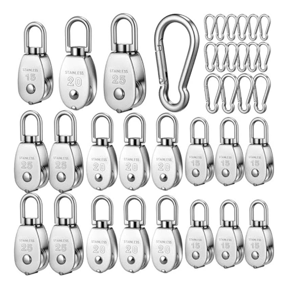 16Pcs M15 M20 M25 Single Pulley Block,Stainless Steel Swivel Wire Rope Hanging Wheel For Loading 4853114331746