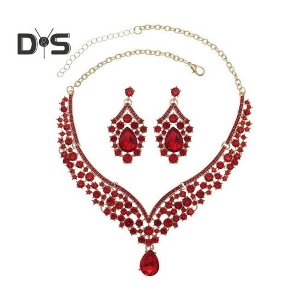 (red) 1 Set Necklace Earrings Set Rhinestone Necklace Earrings Prom Wedding Party Bride Symmetric Dangle Earrings Formal Occasions Neck Jewelry Set
