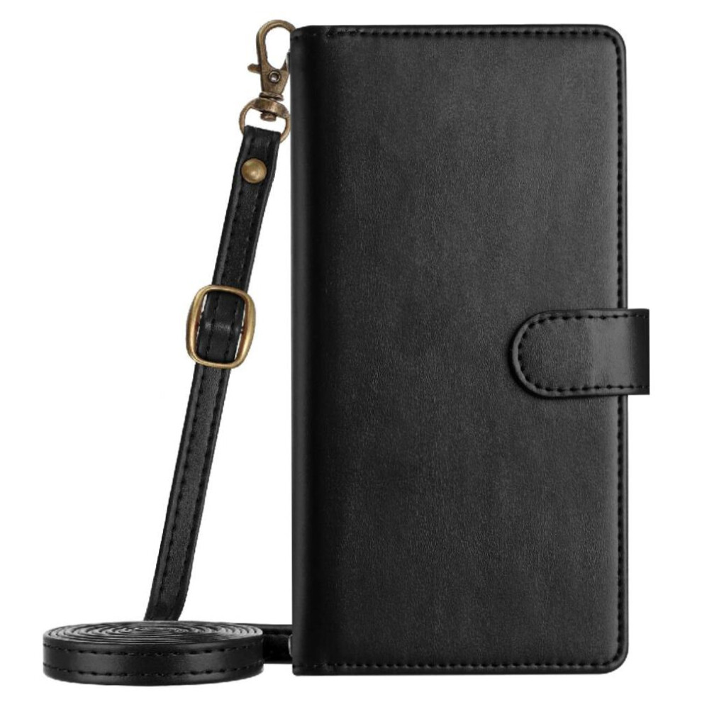 (Black) Long Strap Case For Iphone 16 Protecive Flip Folio Wallet Kickstand Zipper Shockproof 8 Card Slots Holder Black 764563571437