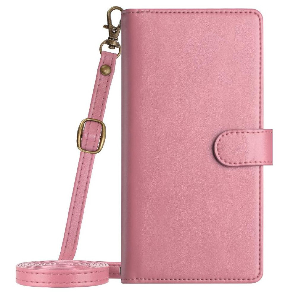 (Pink) Long Strap Case For Iphone Xr Shockproof Protecive 8 Card Slots Holder Wallet Kickstand Zipper Flip Folio Pink 764563572076