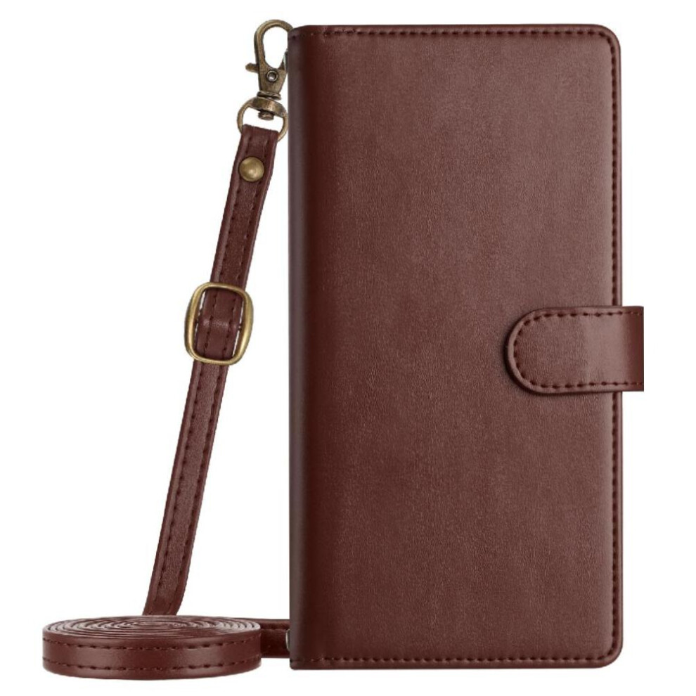 (Brown) Long Strap Case For Iphone Xr Shockproof Protecive 8 Card Slots Holder Wallet Kickstand Zipper Flip Folio Brown 764563572069