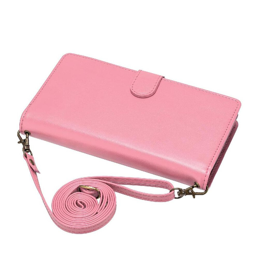 (Pink) Long Strap Case For Iphone 13 Protecive Flip Folio Wallet Kickstand Zipper 8 Card Slots Holder Shockproof Pink 764563572823