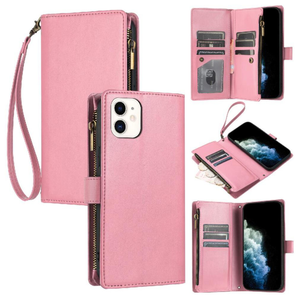 (Pink) Long Strap Case For Iphone 12 Shockproof Flip Folio Protecive Wallet Kickstand Zipper 8 Card Slots Holder Pink 764563573172
