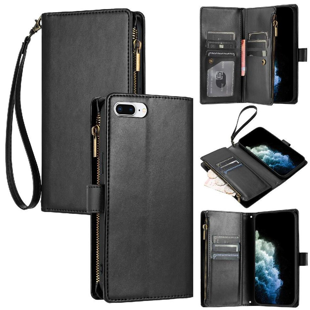 (Black) Long Strap Case For Iphone 6S Plus Shockproof Wallet Kickstand Zipper Protecive 8 Card Slots Holder Flip Folio Black 764563573394
