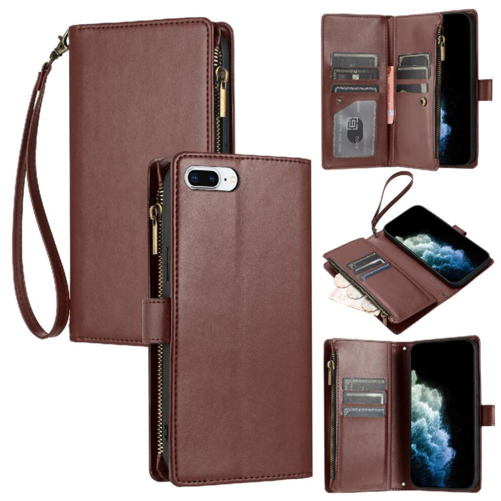 (Brown) Long Strap Case For Iphone 6S Plus Shockproof Wallet Kickstand Zipper Protecive 8 Card Slots Holder Flip Folio Brown 764563573363