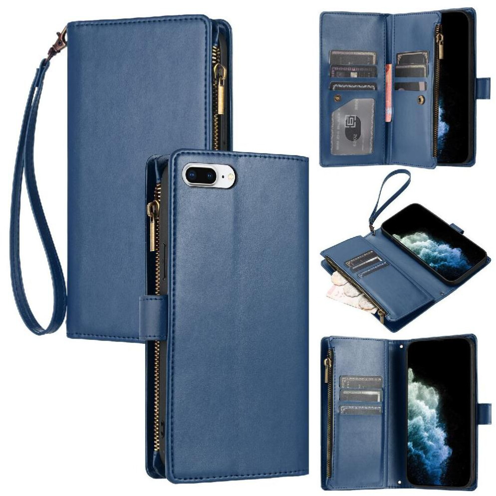 (Blue) Long Strap Case For Iphone 6S Plus Shockproof Wallet Kickstand Zipper Protecive 8 Card Slots Holder Flip Folio Blue 764563573387