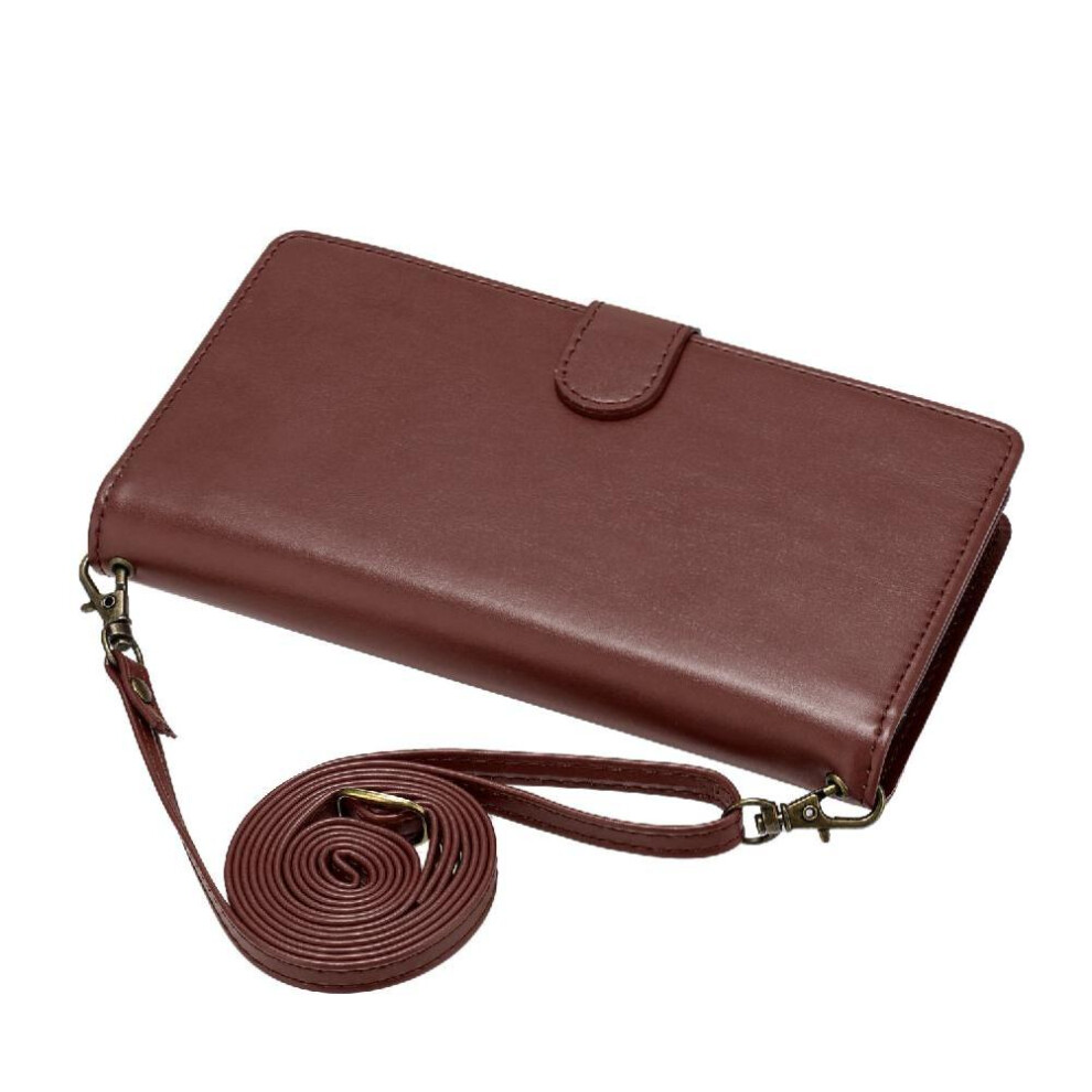 (Brown) Long Strap Case For Iphone 8 Flip Folio Protecive Shockproof 8 Card Slots Holder Wallet Kickstand Zipper Brown 764563573561