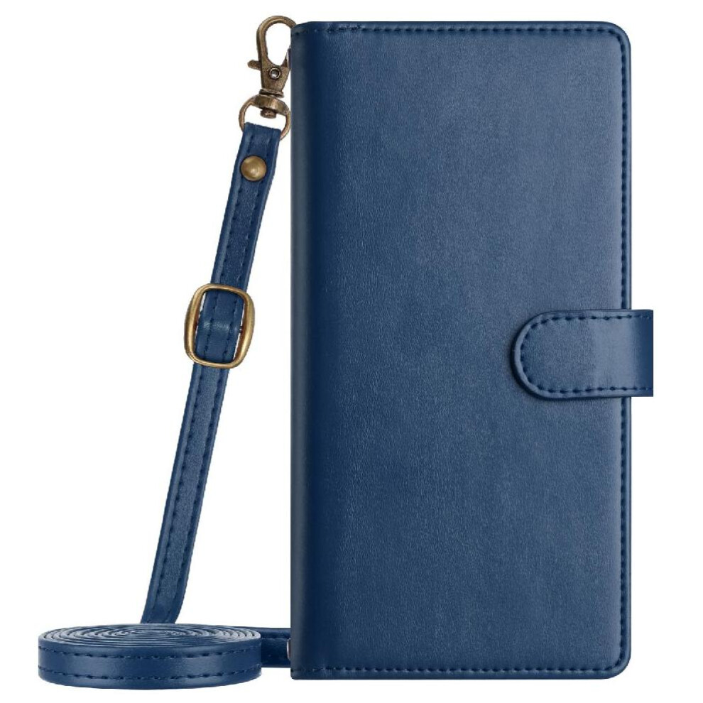 (Blue) Long Strap Case For Iphone 8 Flip Folio Protecive Shockproof 8 Card Slots Holder Wallet Kickstand Zipper Blue 764563573585