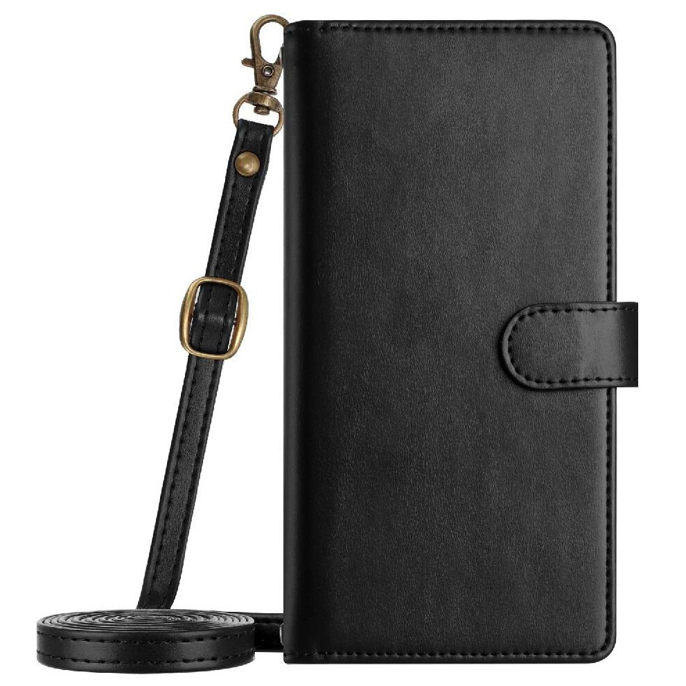 (Black) Long Strap Case For Iphone 7 Wallet Kickstand Zipper Flip Folio 8 Card Slots Holder Shockproof Protecive Black 764563573646