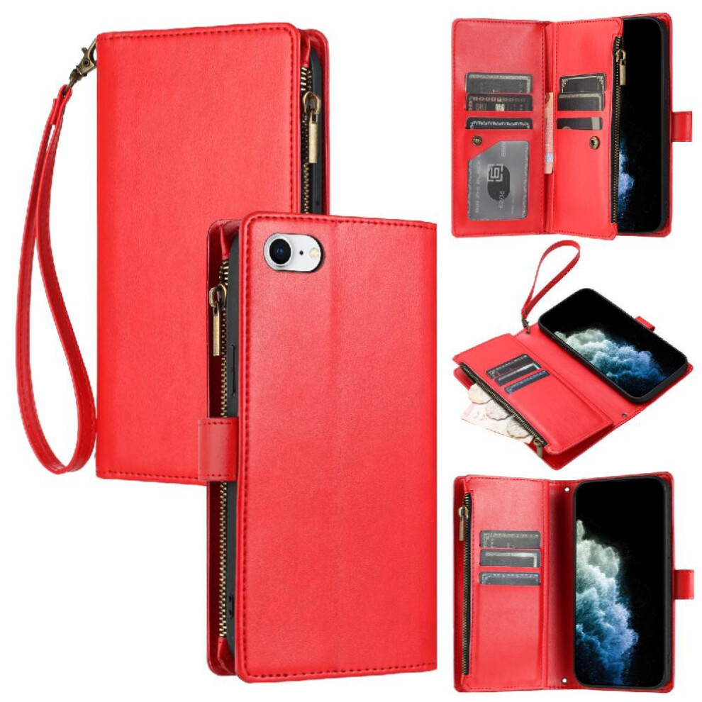 (Red) Long Strap Case For Iphone 7 Wallet Kickstand Zipper Flip Folio 8 Card Slots Holder Shockproof Protecive Red 764563573608
