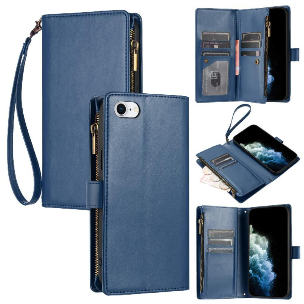 (Blue) Long Strap Case For Iphone 7 Wallet Kickstand Zipper Flip Folio 8 Card Slots Holder Shockproof Protecive Blue 764563573639