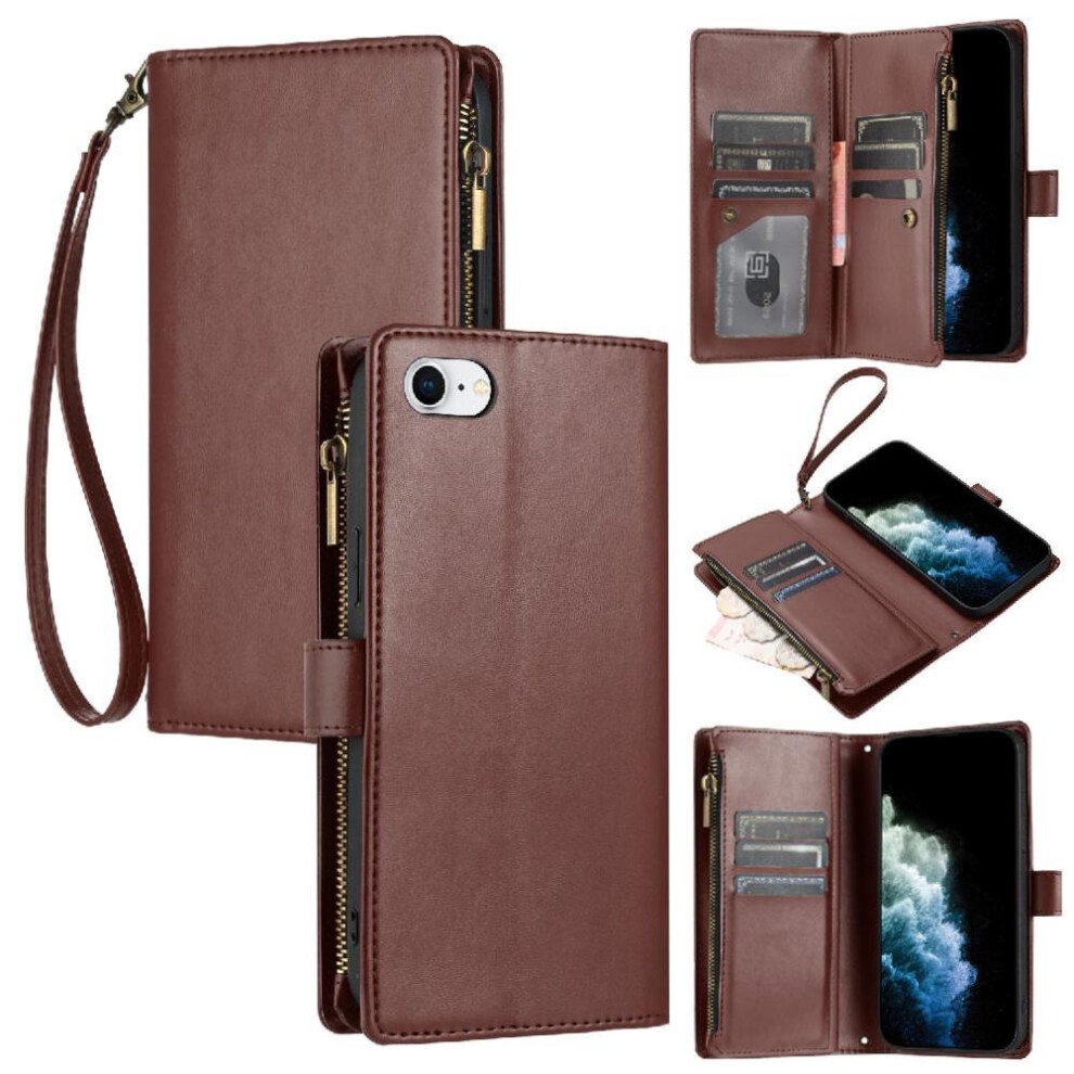 (Brown) Long Strap Case For Iphone 6S Wallet Kickstand Zipper 8 Card Slots Holder Shockproof Protecive Flip Folio Brown 764563573660