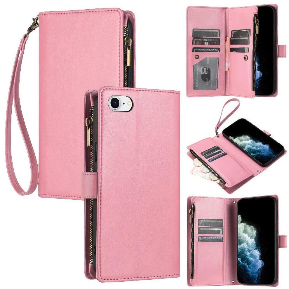 (Pink) Long Strap Case For Iphone 6 Wallet Kickstand Zipper Shockproof Flip Folio Protecive 8 Card Slots Holder Pink 764563573721