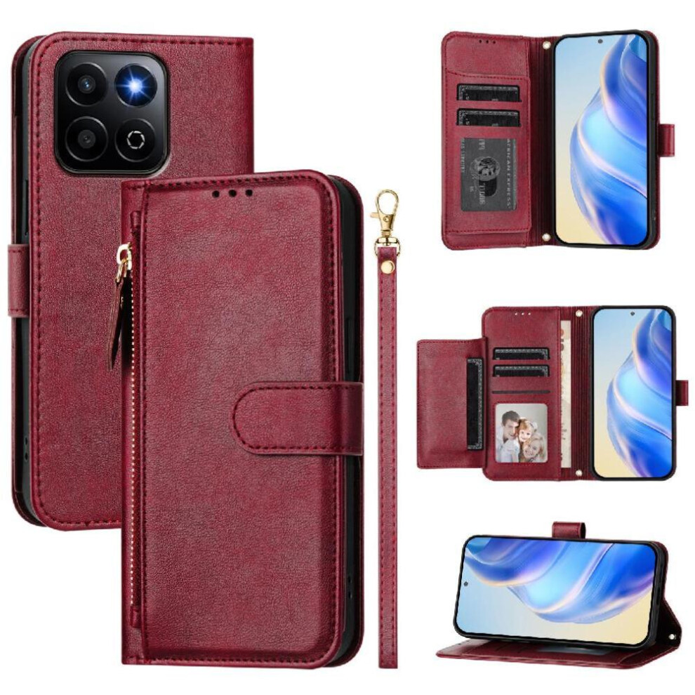 (Red) Flip Case For Honor 200 Smart 5G Pu Leather Magnetic Card Holder Zipper Red 764563574414