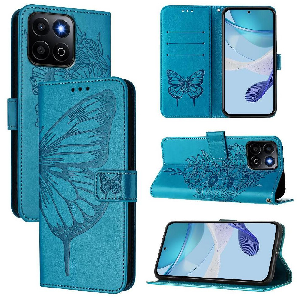 (Blue) Case For Honor 200 Smart 5G Premium Leather Magnetic Embossing Butterfly Flip Cover Blue 764563574445