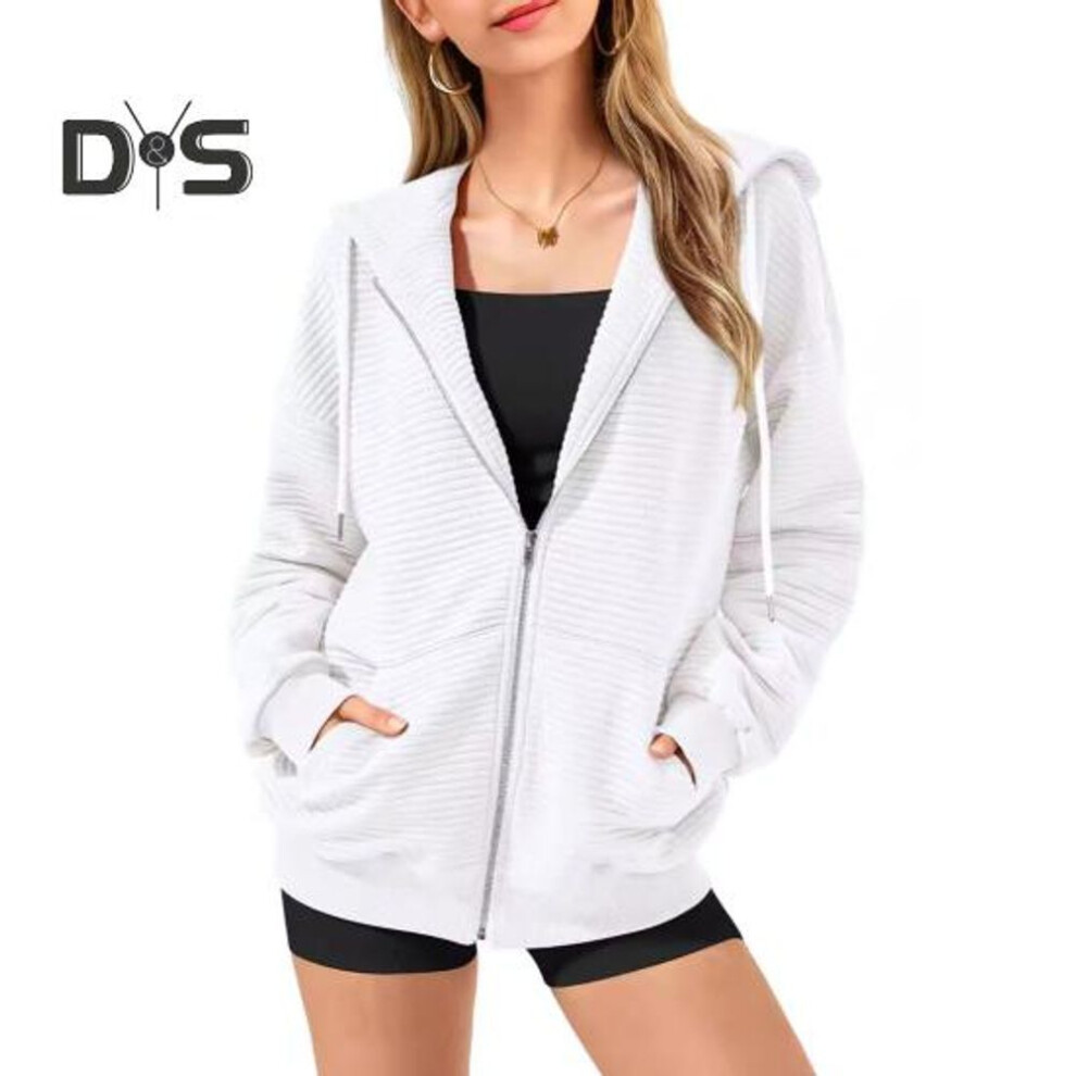 (L, white) Fall Winter Women Hoodie Coat Drawstring Hooded Zip-up Long Sleeves Solid Color Pockets Thickened Sport Jacket Loose Daily Wear School Coat