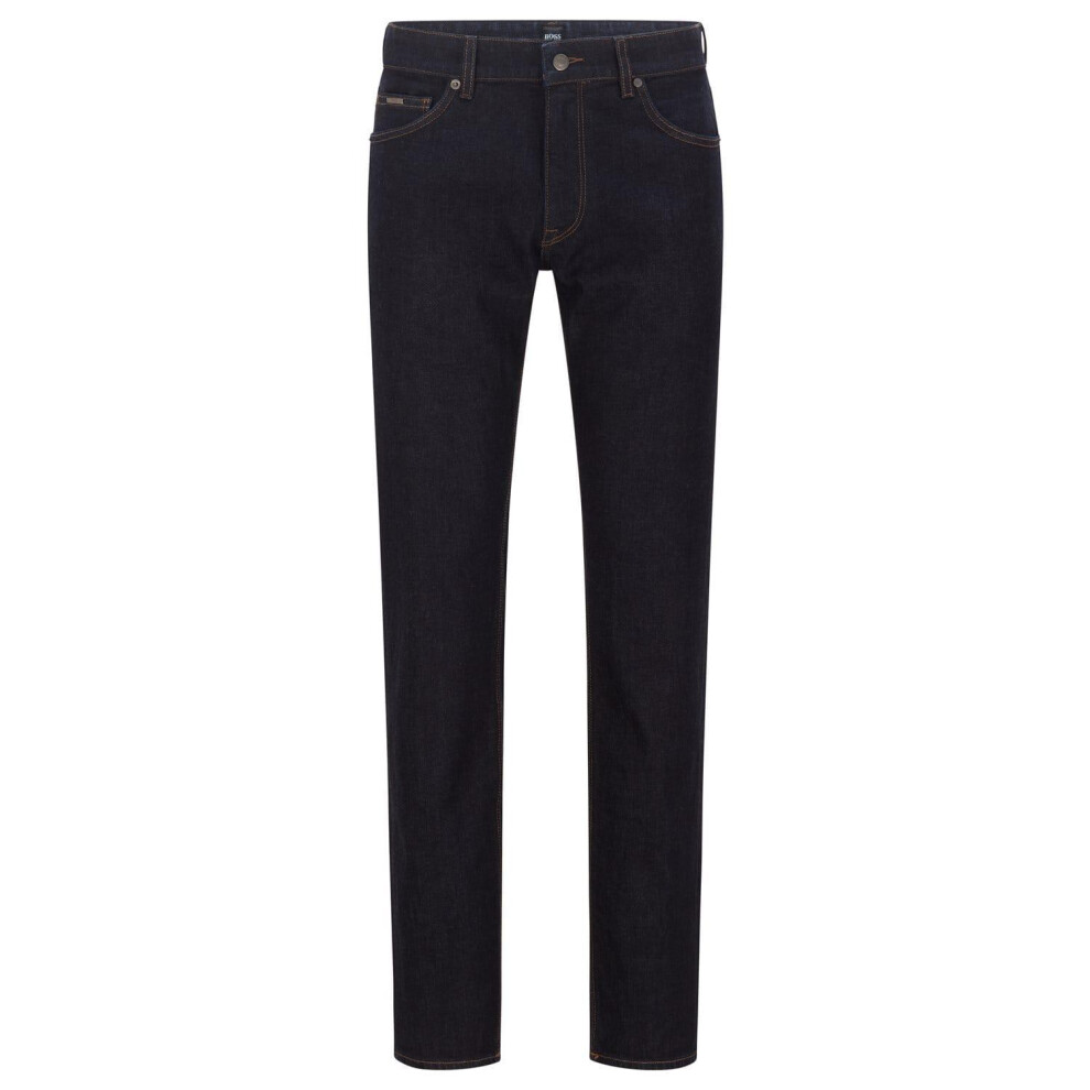 (30R, Dark Navy) Hugo Boss Mens Maine3 Leather Badge Slim Jeans