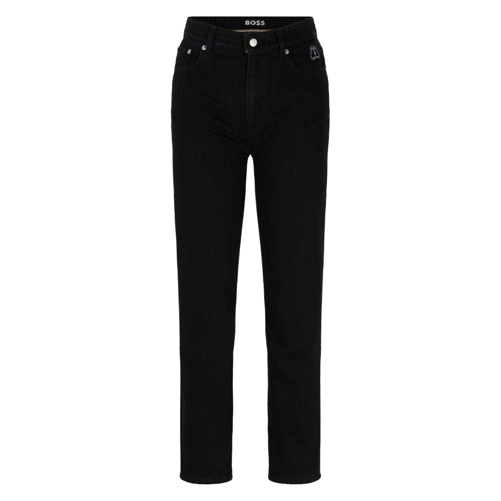(30R, Black) Hugo Boss Womens/Ladies Leather Patch Cropped Straight Jeans