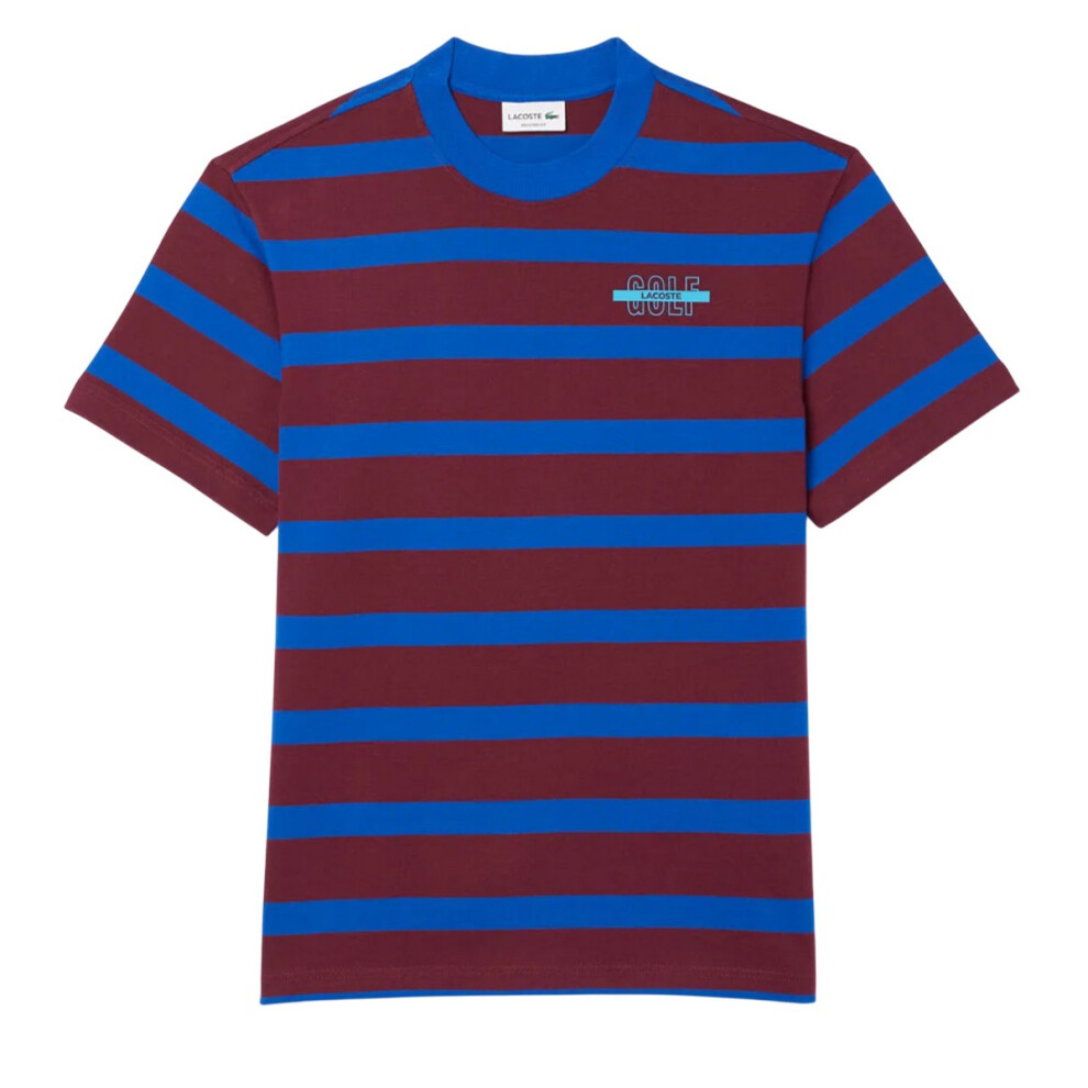 (M, Blue/Red) Lacoste Mens Striped Cotton 3D T-Shirt