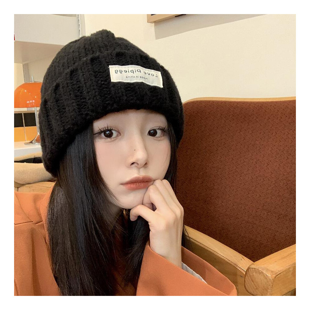(Yarn Black) Warm Fashionable Knit Hat For Women Trendy Fluffy Beanie With Cute Patch Bear-image-OPC-PHHPKK6-NEW