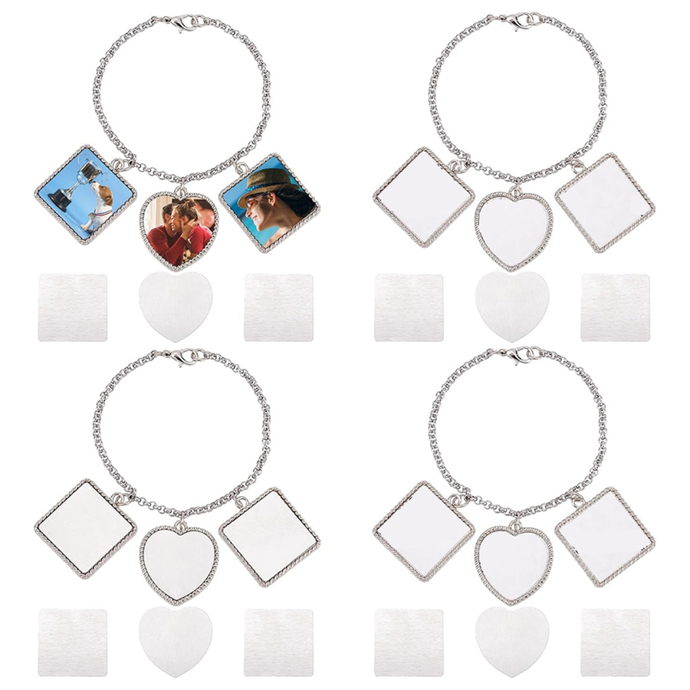 Lot de 4 bracelets à sublimation, bracelets vierges à transfert thermique, cadre photo en forme de cœur, cadre carré, cadre artisanal vierge