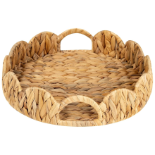 Scalloped Edge Round Tray, Serving Tray with Built-in Handles, Decoratve for Coffee Table, Rattan