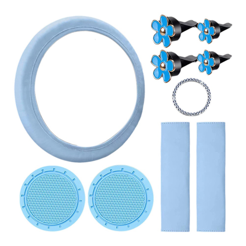 10 Pcs Steering Wheel Cover For Women Cute Car Accessories Set With Seat Belt Shoulder Pads Cup Holders Blue 4851999605075