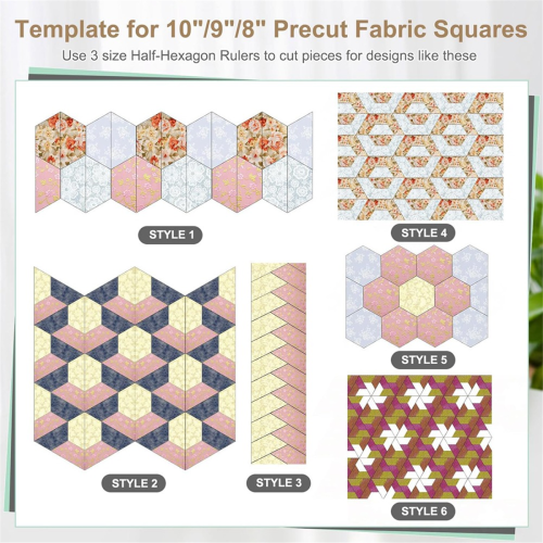 Régua acrílica para quilting de meio hexágono com 3 peças, régua de 8, 9 e 10 polegadas para colcha e costura 2