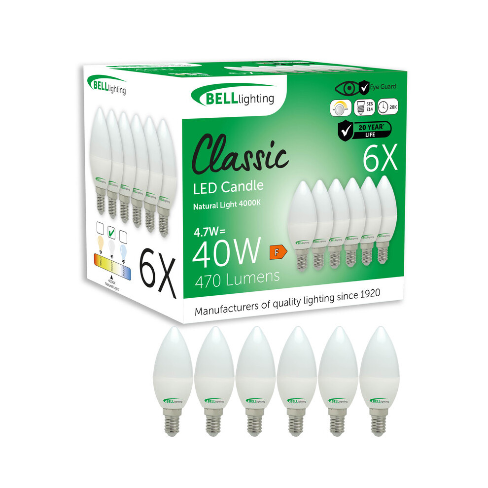 (Natural White - 4000k, 6) BELL Lighting E14 LED Candle Bulbs Dimmable 470lm