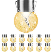 12-pack hangende zonnelampen voor buiten, decoratief, waterdicht, bolvormige zonnelantaarn met handvat en clip, zonnelampen met gebarsten glas