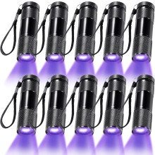Verpakking van 4 kleine 9 LED glow in the dark zaklampen met rubberen hoes en bandjes, ideaal voor kamperen
