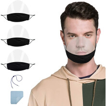 3-pack transparante beschermende gezichtsschermen voor vrouwen en mannen met glimlach + 1 anti-verlieskoord + 1 zwarte poetsdoek