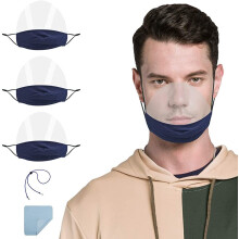 3-pack transparante beschermende gezichtsschermen voor vrouwen en mannen met glimlach + 1 anti-verlieskoord + 1 donkerblauwe poetsdoek