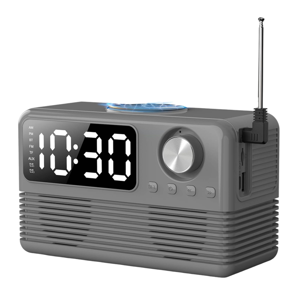 15W Wireless Bluetooth Speaker With Charger And Clock Radio, Gray 4851973682399