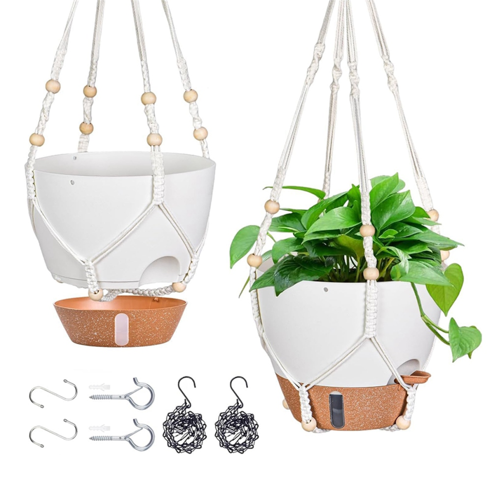 Jardinière suspendue de 25 cm pour plantes d'intérieur, lot de 2, auto-arrosante, blanche