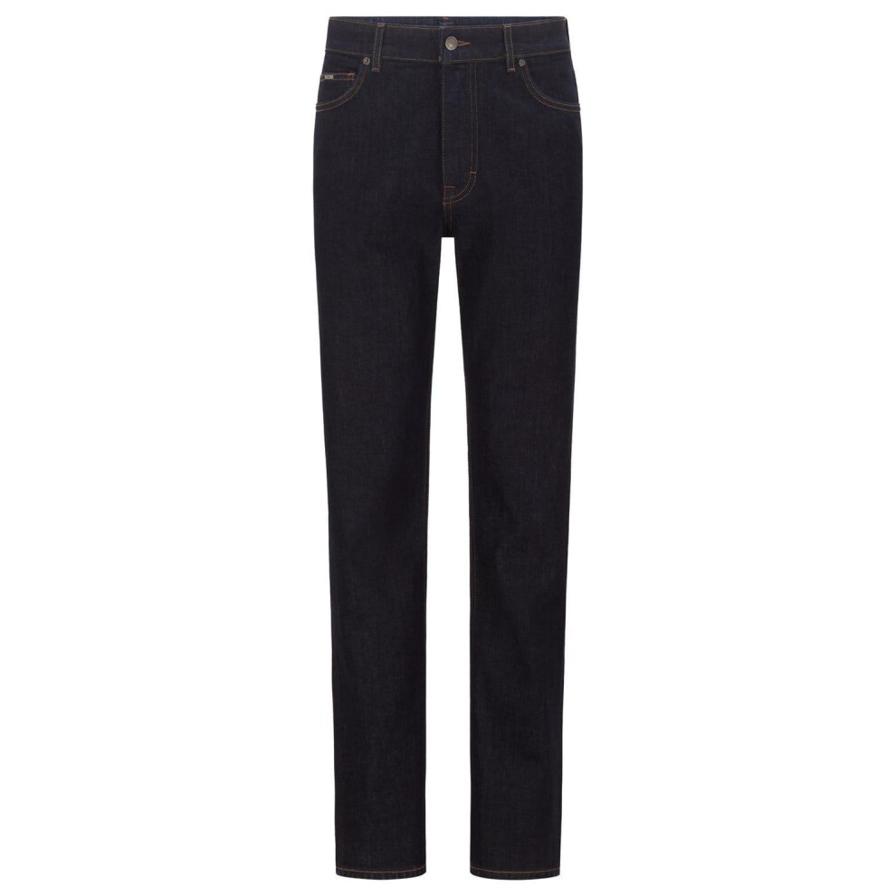 (36XL, Navy) Boss Mens Albany Leather Patch Regular Jeans