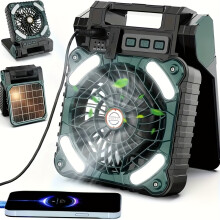(Dark Green) Portable Solar-Powered Emergency Fan with Lighting & Charging Port | Rechargeable LED Lights, Power Bank Function, and USB Rechargeable Battery