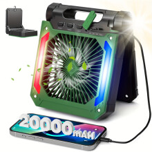 (Green) 20000mAh Rechargeable Solar Camping Fan with LED Lantern, 3 Adjustable Speeds Cordless Rechargeable Battery Powered Portable Fan, Solar Panel