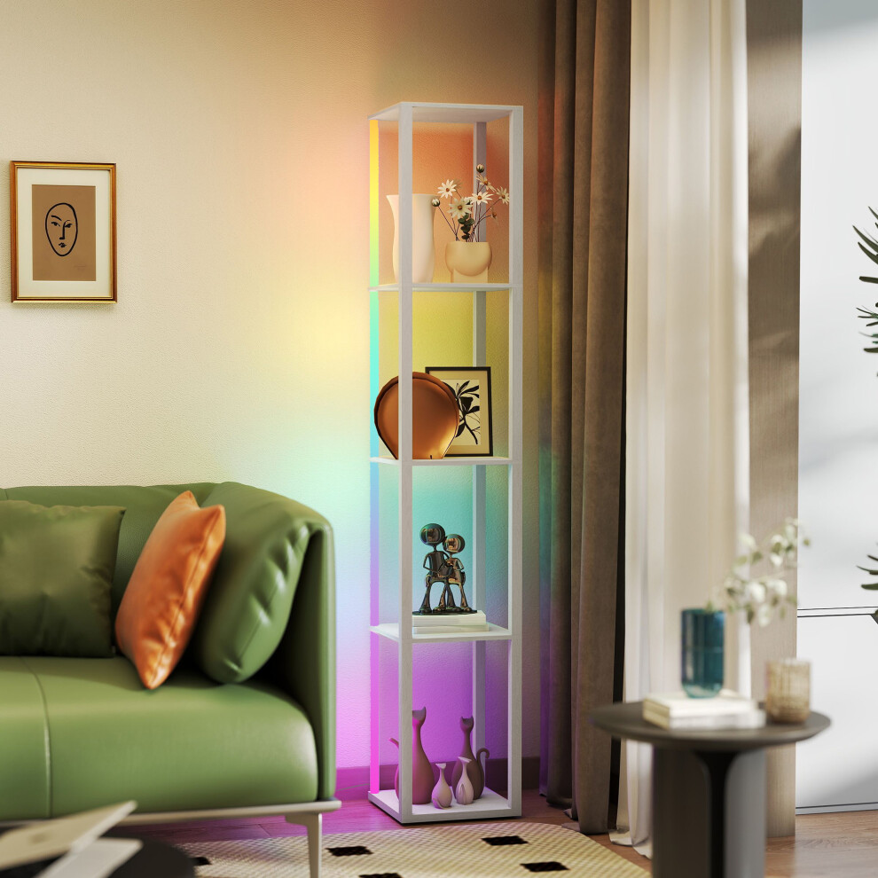 HOMCOM RGB LED Floor Lamp with Shelves and Remote Control for Bedroom, White