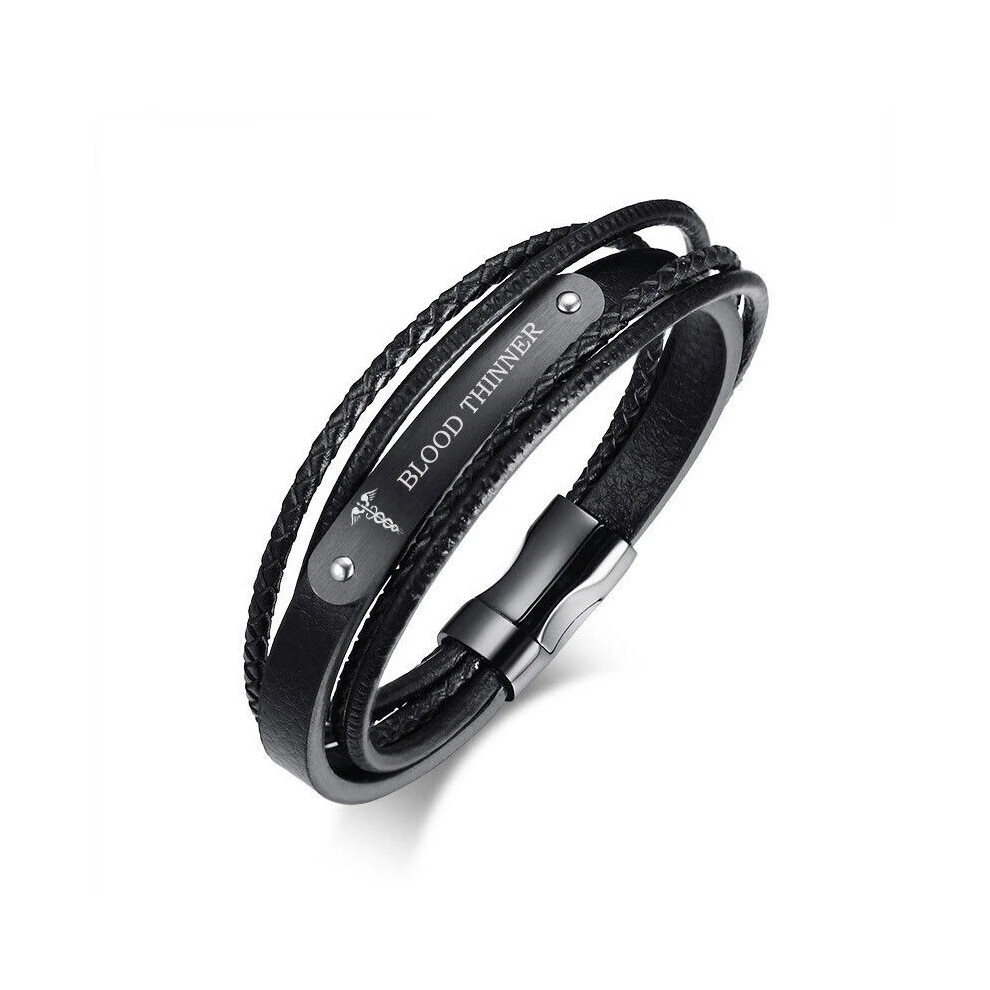 (BLOOD THINNER) Leather Medical Alert ID Men Bracelet Wristband Multi Layer Male Jewelry