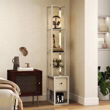 (Cream) HOMCOM Floor Lamp with Shelves, LED Standing Lamp with Fabric Drawer