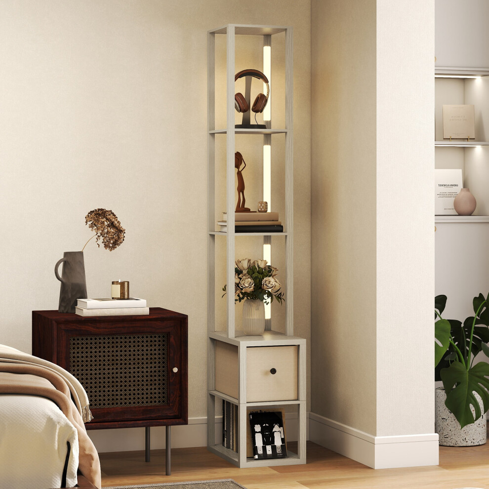 Homcom (Cream) Floor Lamp With Shelves, Led Standing Lamp With Fabric Drawer