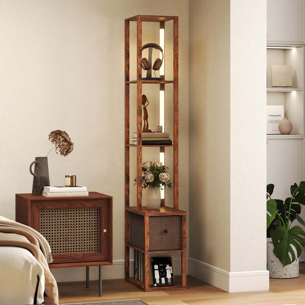 Homcom (Brown) Floor Lamp With Shelves, Led Standing Lamp With Fabric Drawer Brown