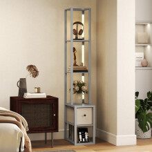 (Grey) HOMCOM Floor Lamp with Shelves, LED Standing Lamp with Fabric Drawer