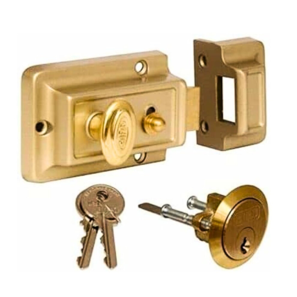 Garden Mile 3 Key Rim Night Latch Door Lock - Polished Brass Gate Lock Extra Security Front Door Lock Fixings Backset Cylinder Safety