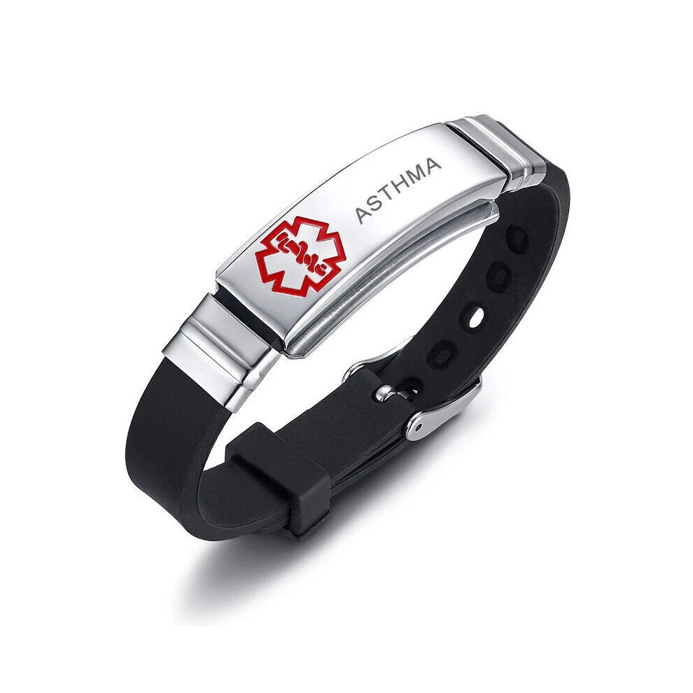 Black (Asthma) Engraving Medical Alert Id Women Men Kids Bracelet Silicone Wristband