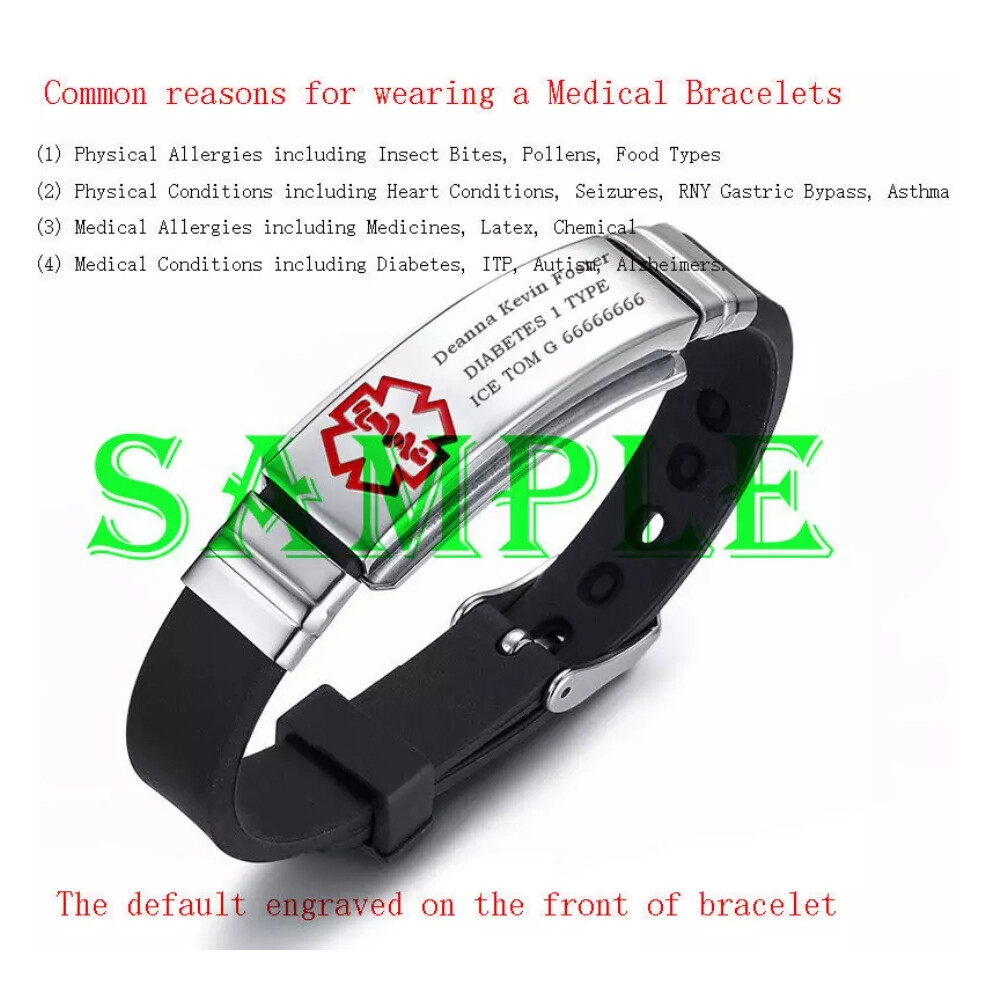 (DNR DO NOT RESUSCITATE) Engraving Medical Alert ID Women Men Kids Bracelet Black Silicone Wristband