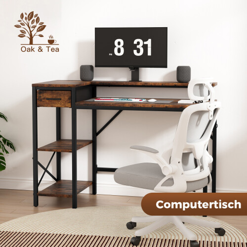 (brown) Home Computer Desk Office with Storage Shelf Metal Frame